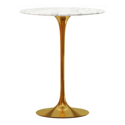 HomeRoots 32" White and Gold Rounded Marble and Metal Bar Table