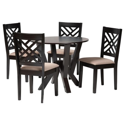 Elise Round Espresso Wood Dining Set with Beige Fabric Seats, 5-Piece