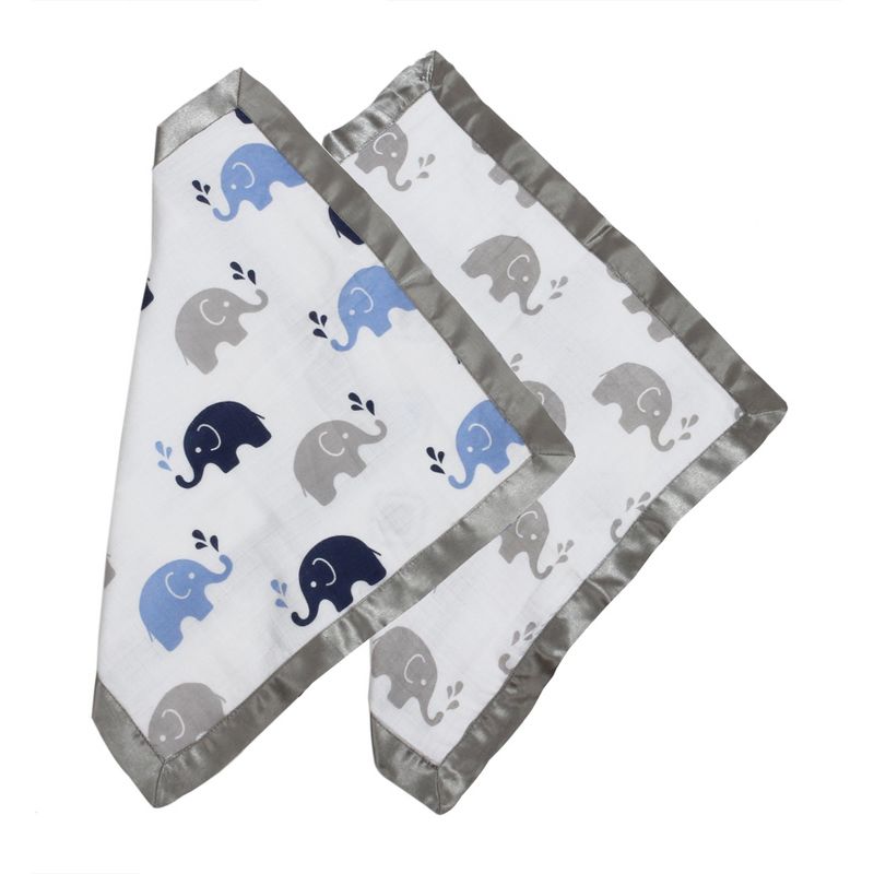 Bacati - Elephants Blue/Gray Muslin 2 pc Security Blankets, 2 of 10