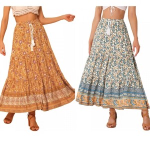 INSPIRE CHIC Women's Summer Floral Boho Tassels Elastic Waist Casual Maxi Skirts 2 Packs - 1 of 4