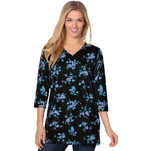 Woman Within Plus Size Perfect Printed Three-Quarter-Sleeve V-Neck Tunic - 1 of 4