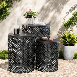 Sevobal Patio Coffee Tables Outdoor Side Table Set of 3, Round Patio Accent Metal Frame End Table for Cafes Patio Balconies, Black 14.5"*19.25" - 1 of 4