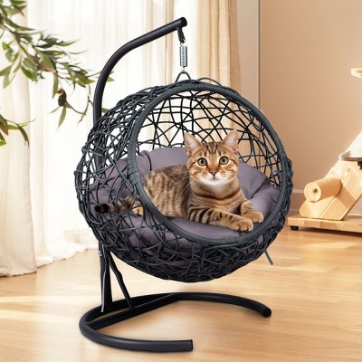 LAOTIES Indoor And Outdoor Cat Swing Bed with Stand,Hanging Rattan Wicker Egg Chair With Cushion,Cozy Hammock For Cats And Small Pets