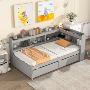 Twin Size Bed With L-shaped Bookcases, Pine Wood Platform Bed Frame With 2 Storage Drawers For Bedroom, No Spring Box Needed - 1 of 4