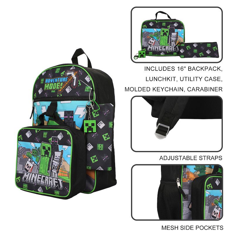 Minecraft 5-Piece Set: 16" Backpack, Lunchbox, Utility Case, Rubber Keychain, and Carabiner, 4 of 8