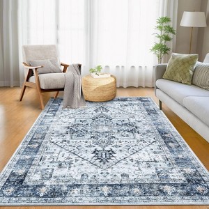 9x12 Vintage Area Rug – Machine Washable Low-Pile Non-Slip Stain-Resistant No-Shedding Kids Room Accent Carpet for Living, Dining,High-Traffic,Blue - 1 of 4