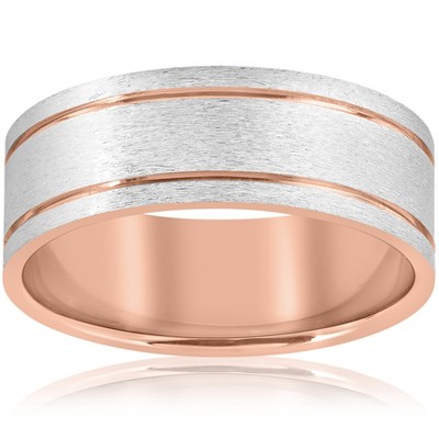 Pompeii3 14k Rose Gold 8MM Two Tone Flat Brushed Comfort Fit Mens Wedding Band