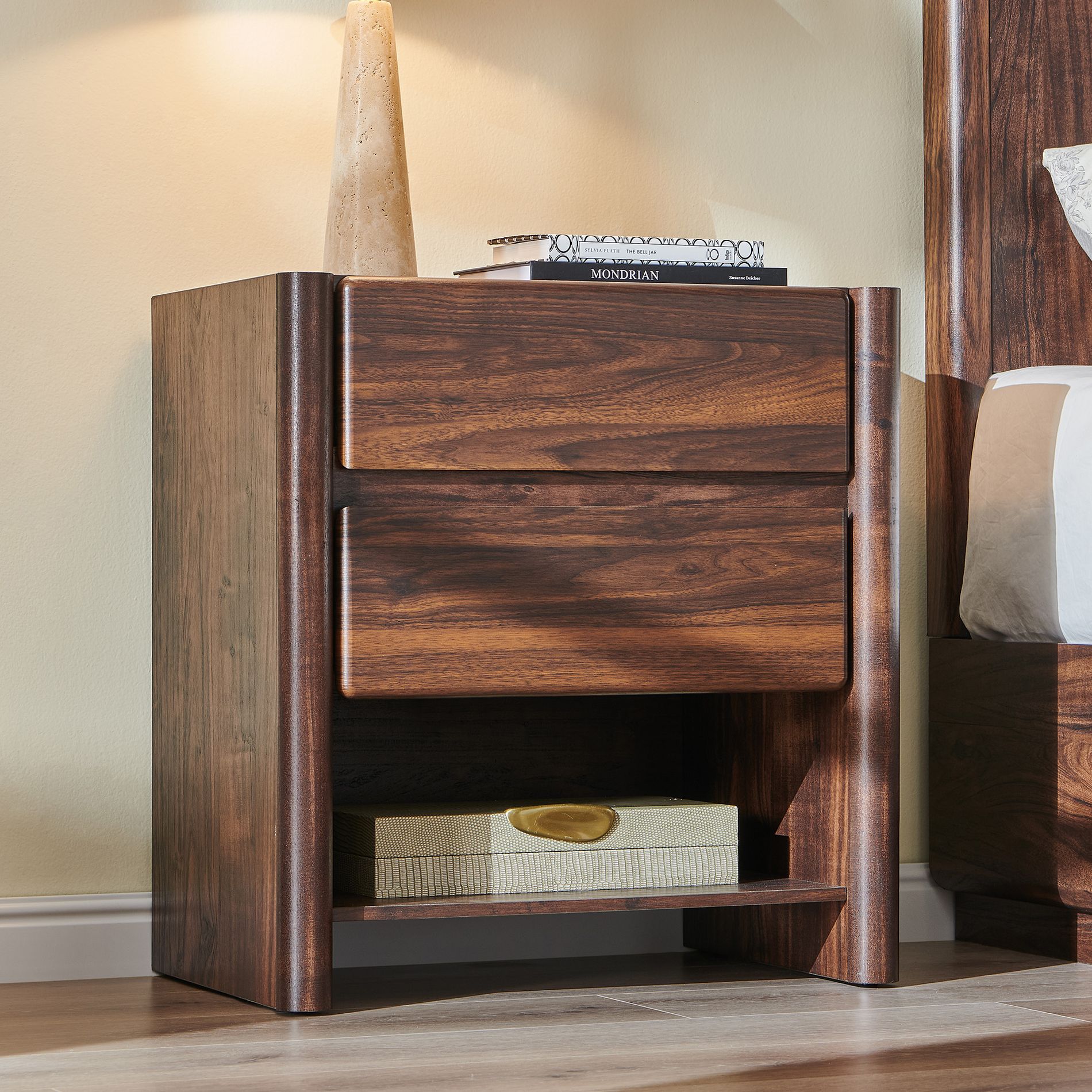 23.6" W Nightstand with 2 Storage Drawers, Modern Wood Night Stand w/Charging Station, Wooden Bedside End Table for Bedroom, Living Room