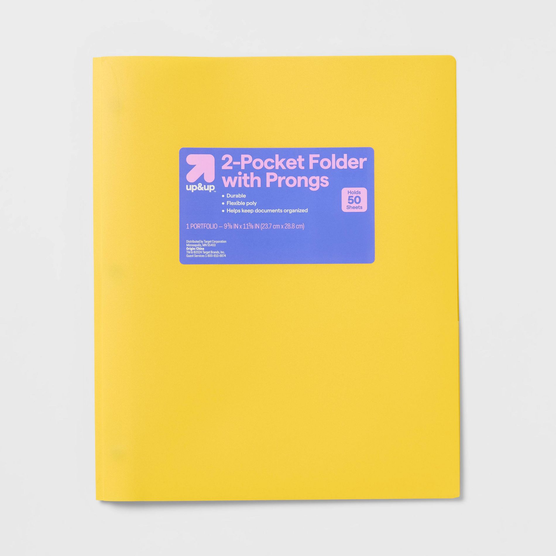 2 Pocket Plastic Folder with Prongs Yellow - up&up™: School Supplies, Polypropylene, 50 Sheet Capacity, 2 Internal Pockets