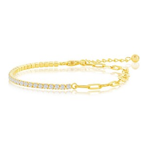 Bella Silver Sterling Silver 2mm Half Tennis & 3.5mm Paperclip Bracelet - Gold Plated - Gold - 6.5+1 Inch - 1 of 2