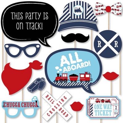 Big Dot of Happiness Railroad Party Crossing - Steam Train Birthday Party or Baby Shower Photo Booth Props Kit - 20 Count