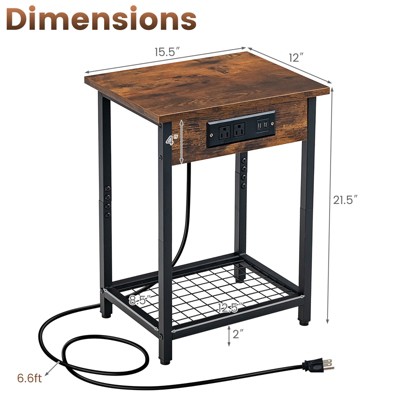 Rustic Brown Industrial End Tables with Charging Station, Set of 2