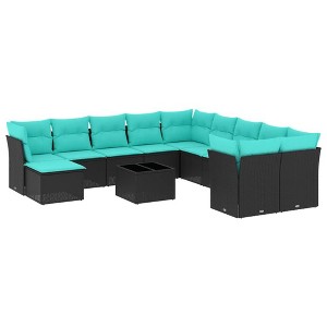 vidaXL 12 Piece Patio Sofa Set with Cushions Black Poly Rattan - Black and Blue With Table - 1 of 4