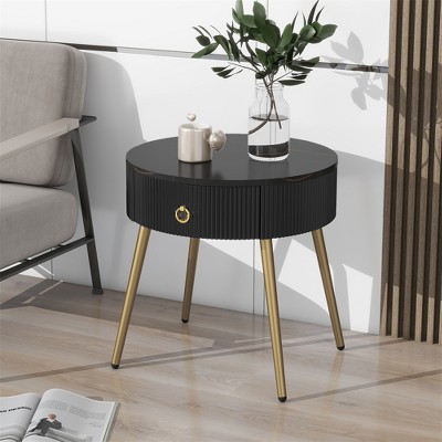Easy Assembly End Tables with High Gloss Faux Marble Tabletops, Set of 2, Modern Fluted 2 Side Tables with Drawers, Round Coffee Tables