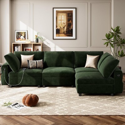 105" Modular Velvet Sectional Sofa, 4-Seat L-Shaped Couch with USB & Type-C Charging, Deep Seat, Plush Pillows, for Living Room or Apartments