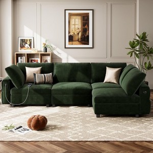 105" Modular Velvet Sectional Sofa, 4-Seat L-Shaped Couch with USB & Type-C Charging, Deep Seat, Plush Pillows, for Living Room or Apartments - 1 of 4