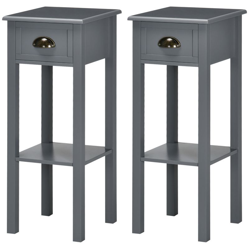 HOMCOM 2-Tier Side Table with Drawer, Narrow End Table with Bottom Shelf, for Living Room or Bedroom, Set of 2, Gray, 4 of 7