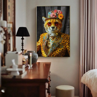 Fisfet Abstract Art Wall Decor: Stylish Cheetah in Leopard Print Suit with Sunglasses and Hat Featuring Flower
