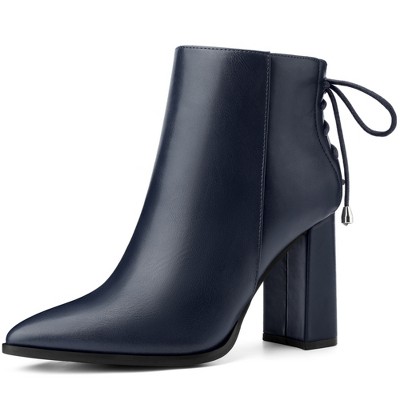 BLISSFUL STEP Women's Pointed Toe Chunky Heel Back Lace Up Ankle Boots