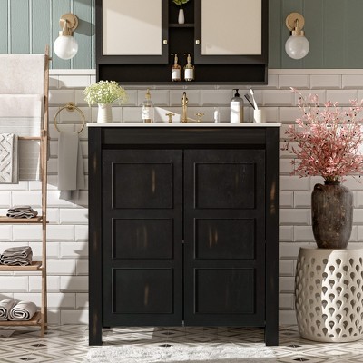 ChicFurnit 24/30/36 Inch Bathroom Vanity with Sink Retro Bathroom Storage Cabinet with Soft Close Door Ceramic Sink for Bathroom, 18.3"*24"*33.8"