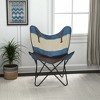 HomeRoots 30" Blue and Brown Canvas And Genuine Leather Striped Butterfly Chair - 2 of 4