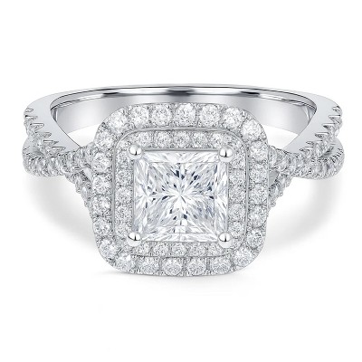 1 Carat Square Cut Moissanite Ring - Double Halo Ring - Cluster Ring - 18k White Gold Plated