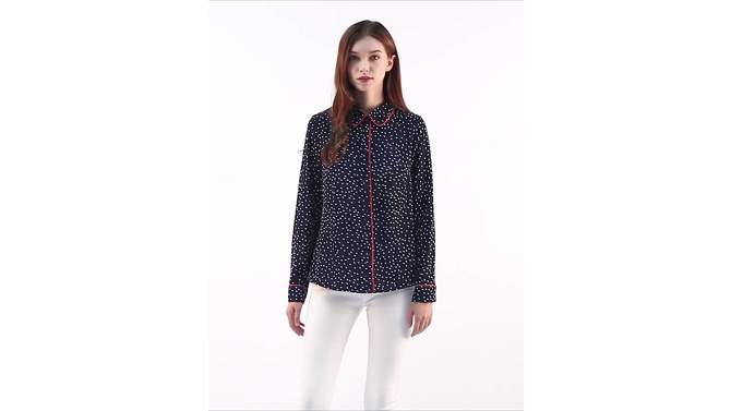 Allegra K Women's Printed Long Sleeve Piped Button Down Office Shirt, 2 of 9, play video