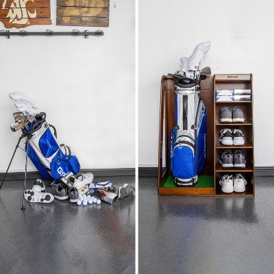 Premium Brown Wooden Freestanding Golf Bag Organizer and Storage Rack