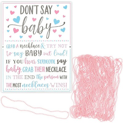 DON'T SAY BABY Game for Girl Baby Shower, Includes 1 Heart Design Game Sign & 36 Pink Bead Necklaces