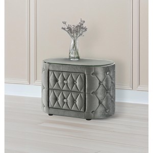 Gulches Luxurious 1pc Modern Oval Nightstand, Plush Tufted Upholstery, 8mm Tempered Glass Top & Two Drawers with Faux Crystal Pulls - 1 of 4