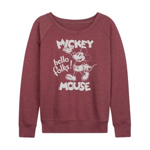 Women's - Disney - Mickey Mouse Hello Folks Lightweight French Terry Wide Neck Long Sleeve Shirt - 1 of 4