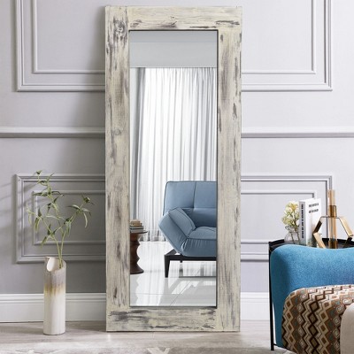 Lirago Distressed Solid Wood Wall Mirror Farmhouse/Rustic/Retro Mirror 71*31 Weathered White