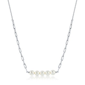 Bella Silver Sterling Silver Round White Simulated Pearl Bar, Paperclip Necklace - White - 16+2 Inch - 1 of 2