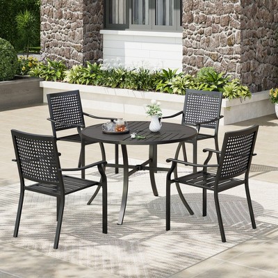 Captiva Designs 5pc Patio Dining Steel Set with Slat-top Round Table & Metal Chairs with Stylish Back