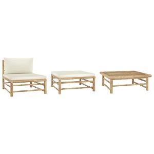 vidaXL 3 Piece Patio Lounge Set with Cream White Cushions Bamboo - 1 of 4