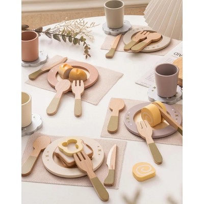 ROBOTIME Play Food And Toy Kitchens Wooden Play Food Set, Toddler Food Toys Set, Realistic Kitchen Dishes Accessories, Multicolored, 8.86"*9.45"*2.56"