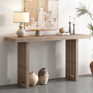 LOVMOR 59" Retro Console Table, Oak Veneer Entryway Table with Distinctive Side Shapes, for Entrance, Hallway, Living Room, Foyer, Corridor - 1 of 4