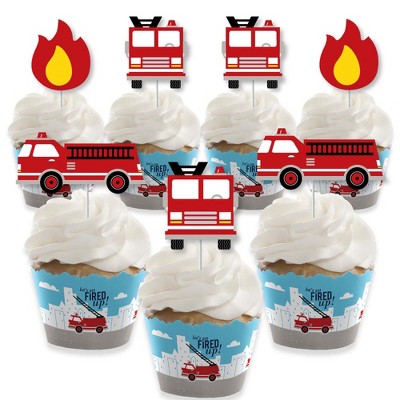 Big Dot of Happiness Fired Up Fire Truck - Cupcake Decor - Firefighter Baby Shower or Birthday Party Cupcake Wrappers and Treat Picks Kit - Set of 24