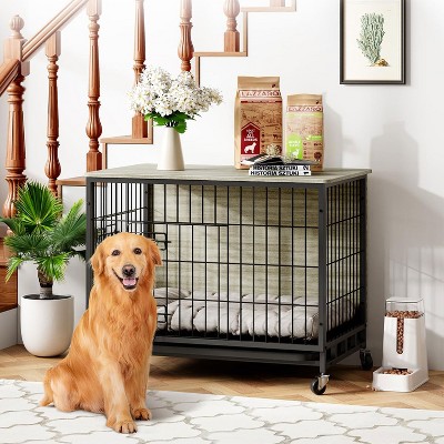 Whizmax Dog Crate Furniture, 38.6'' Wooden Dog Kennel with Wheels and Double Door, Decorative Pet House with Removable Tray for Living Room, Bedroom