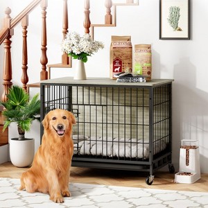 Whizmax Dog Crate Furniture, 38.6'' Wooden Dog Kennel with Wheels and Double Door, Decorative Pet House with Removable Tray for Living Room, Bedroom - 1 of 4
