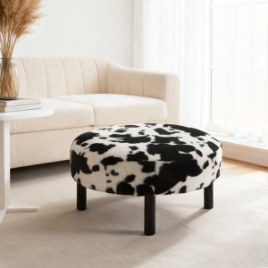 27.56" Round Ottoman, Plush Faux Rabbit Fur Footrest with Solid Wood Legs in Black/Cow Color, 27.56"x27.56"x15.51"H - 1 of 4