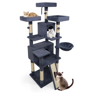 Costway 65” Tall Multi-level Cat Tree with 3 Upholstered Top Perch 2 Cat Condos Cat Basket Beige/Light Gray/Dark Gray/Pink - 1 of 4
