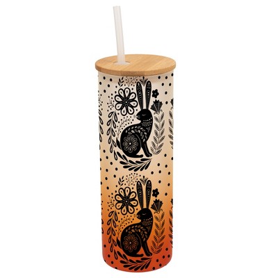Elanze Designs Woodland Bunny Rabbit Flower Wrap-Around Design 25 Ounce Frosted Gradient Glass On-The-Go Coffee Travel Skinny Tumbler Mug Cup, Bamboo