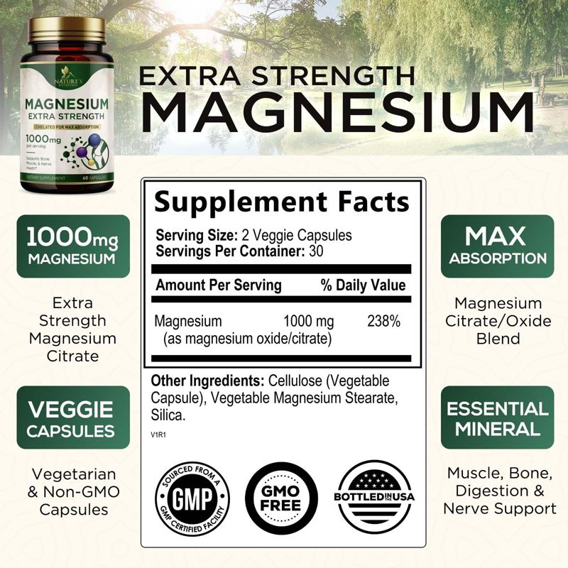 Health Nutrition Naturals Magnesium Extra Strength 1000mg - Chelated for Max Absorption, 2 of 9