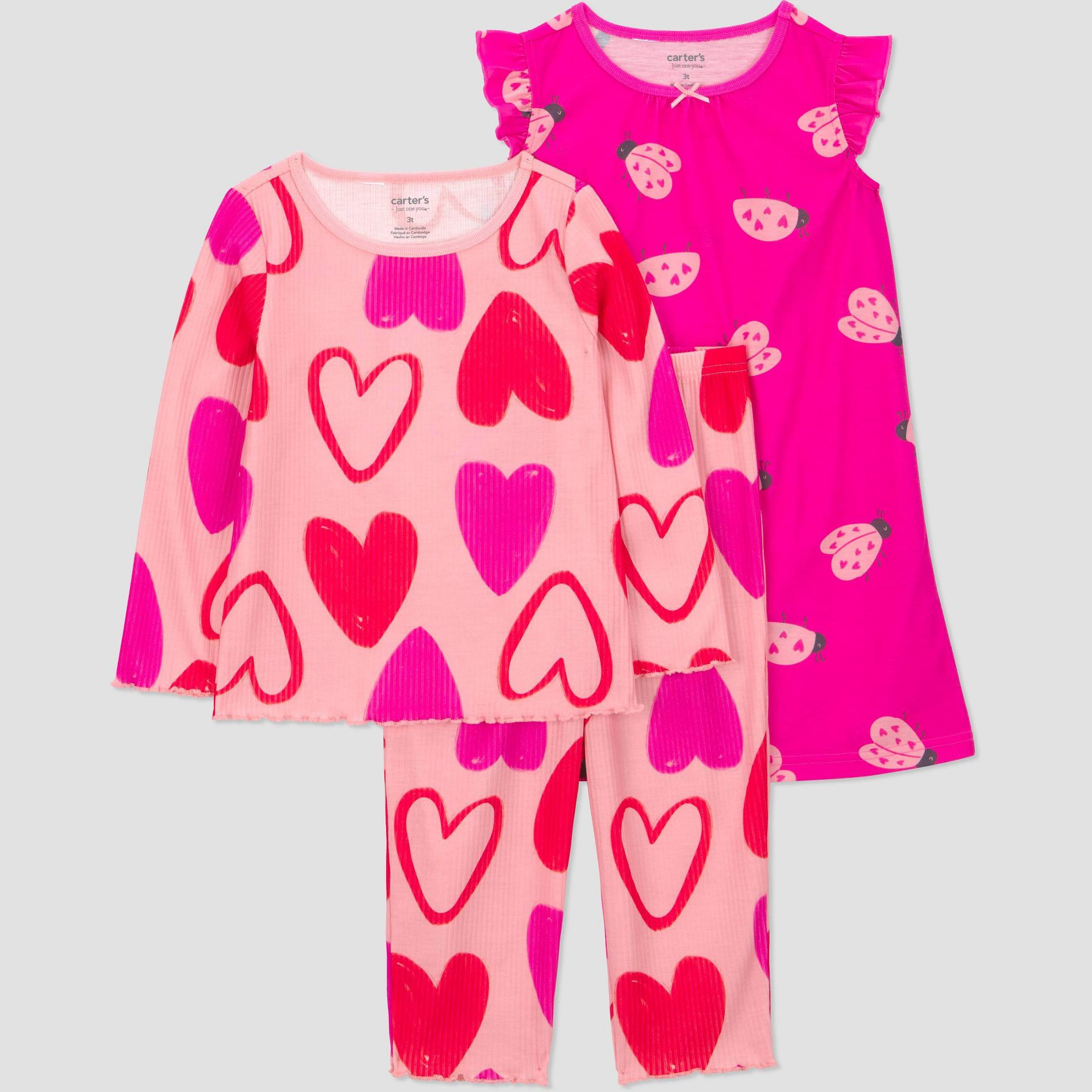Carter's Just One You® Toddler Girls' Valentine's Day 3pc Ladybugs and Hearts Gown Pajama Set - Pink