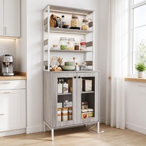 Tall Kitchen Pantry Cabinet with Power Outlet, Open Shelves & Glass ...