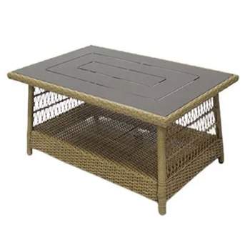 Four Seasons Courtyard Positano 40" x 26" Rectangular All-Weather Outdoor Open Weave Wicker Coffee Table with Decorative Top and Bottom Shelf, Brown