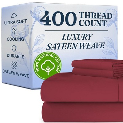 100% Cotton 400 Thread Count 4 Piece Sheet Set - Soft & Cozy Sateen Bed Sheets - CGK Linens