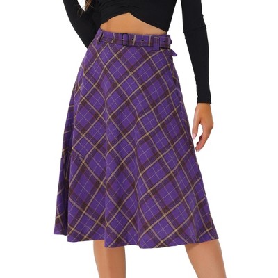 INSPIRE CHIC Women's Tartan Plaid High Waist Belted Vintage A-Line Midi Skirt