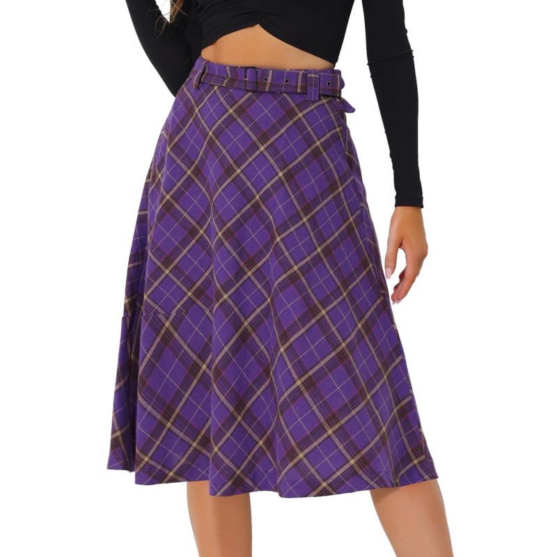 Allegra K Women's Tartan Plaid High Waist Belted Vintage A-Line Midi Skirt, 1 of 7